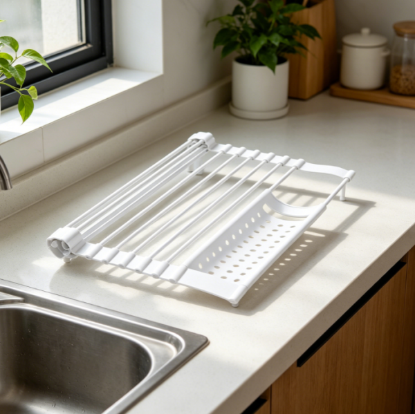 Compact Non Slip Silicone Foldable Over Sink Dish Rack with Tray, Rust Resistant
